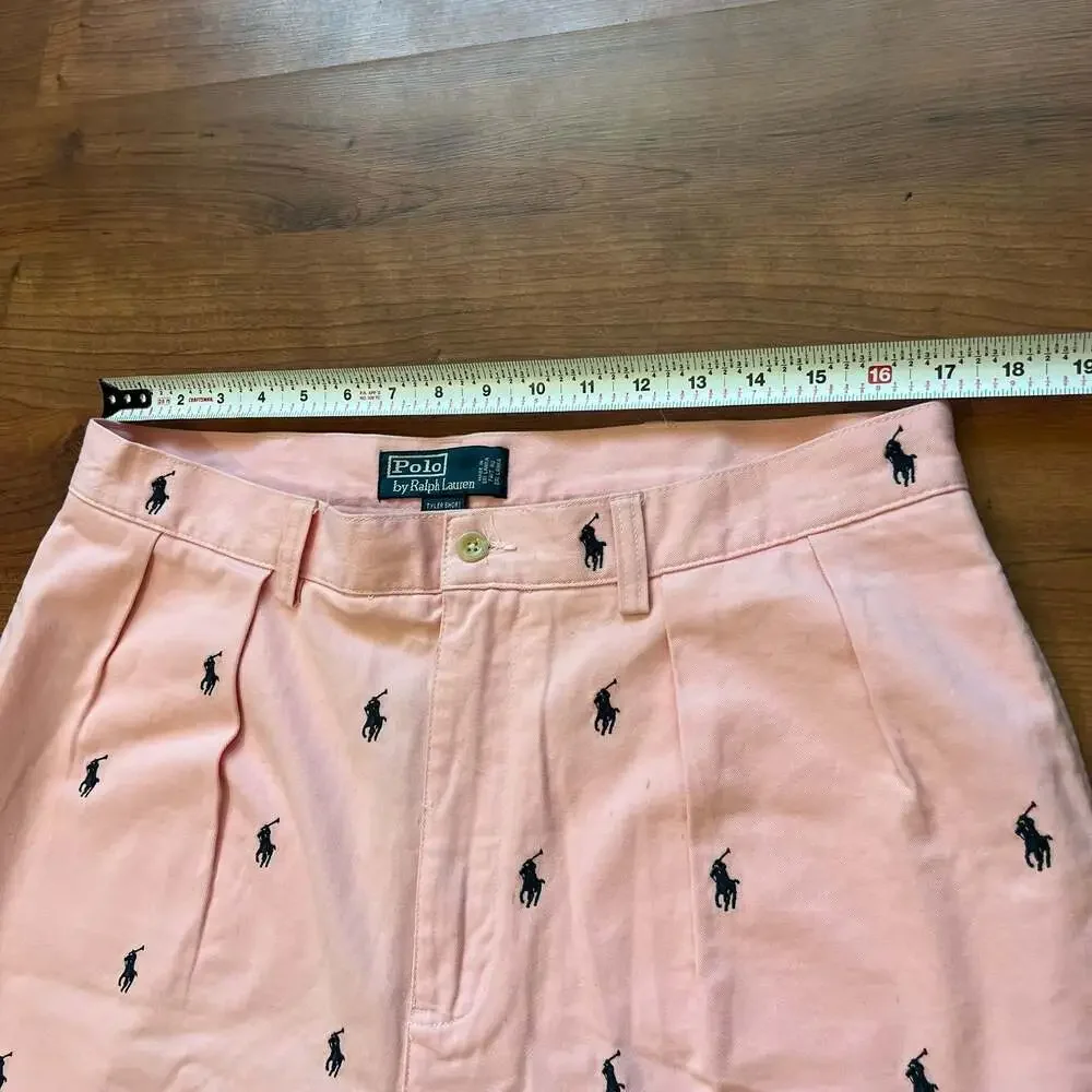 Polo Ralph Lauren Tyler All-Over Pony Print Pink Pleated Chino Shorts Sz 36